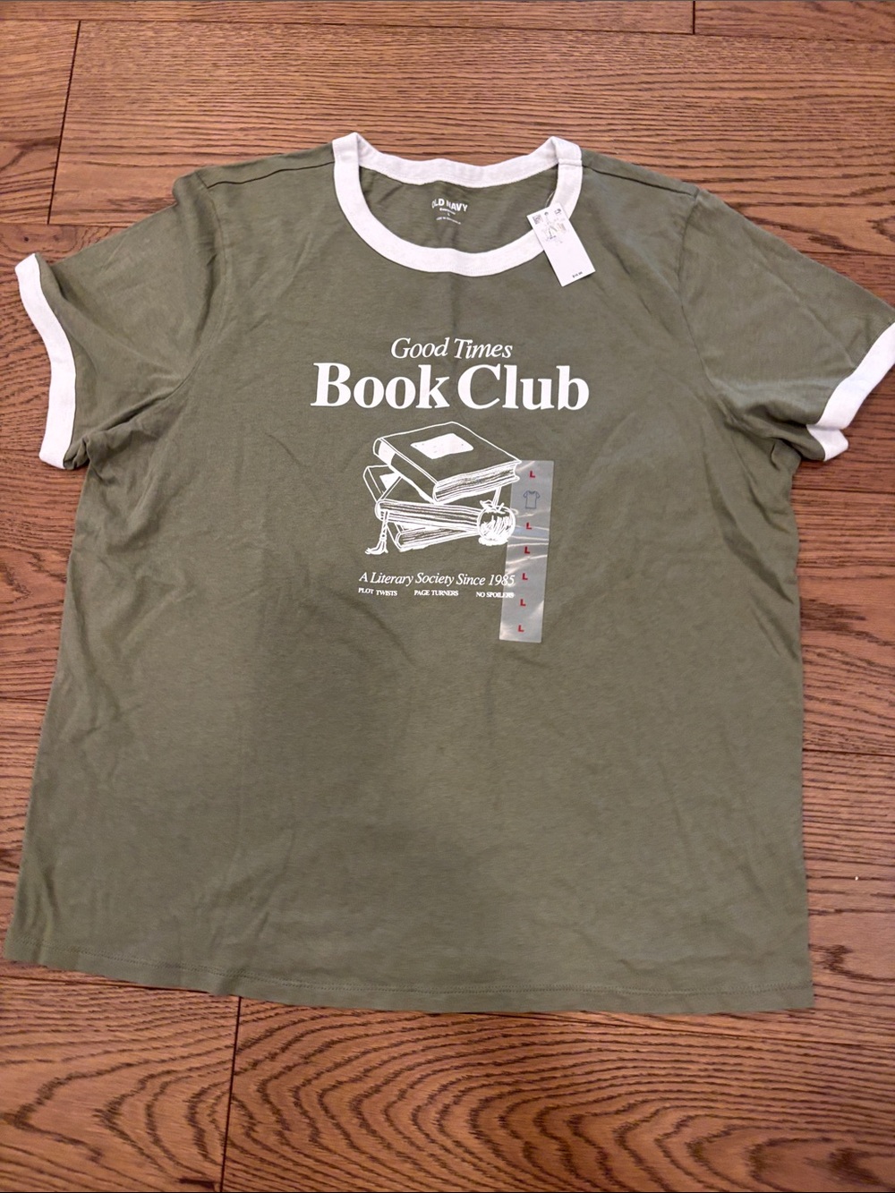 Old Navy women’s Green "Good Times Book Club" Ringer Tee